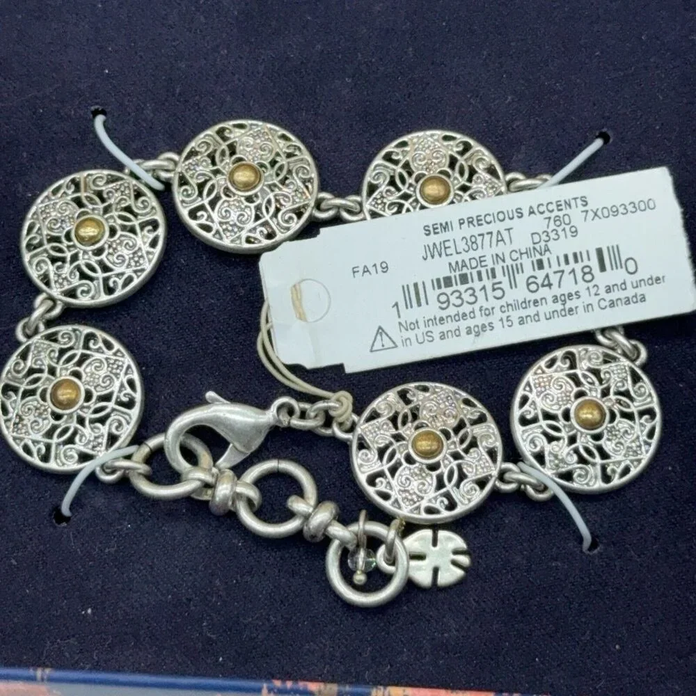 Lucky Brand Silver Tone Bracelet Filigree Discs Bronze Center 6.5